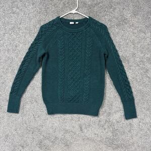 Gap Sweater Womens M Teal Cable Knit Crew Neck Cotton Layering Preppy Pullover